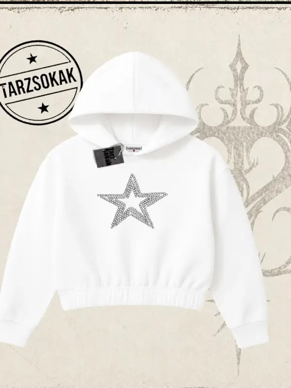 Unisex Star Stroke Kadın Crop Kapşonlu Sweatshirt Beyaz