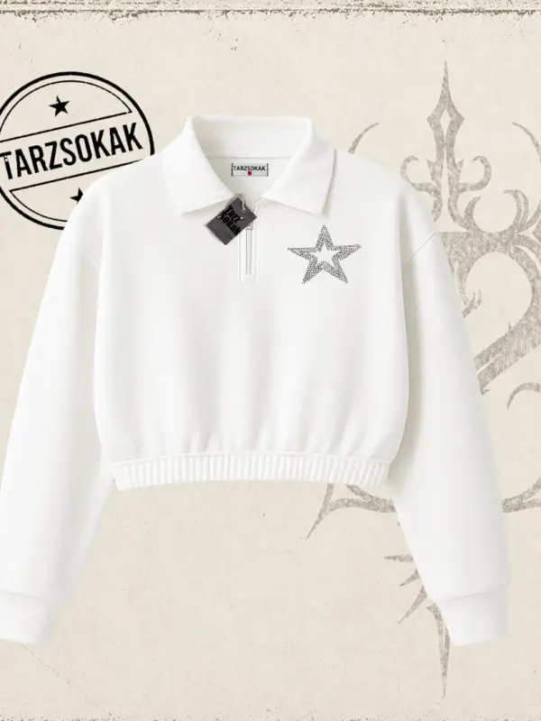 Unisex Star Stroke Kadın Crop Polo Yaka Yarım Fermuarlı Sweatshirt Beyaz