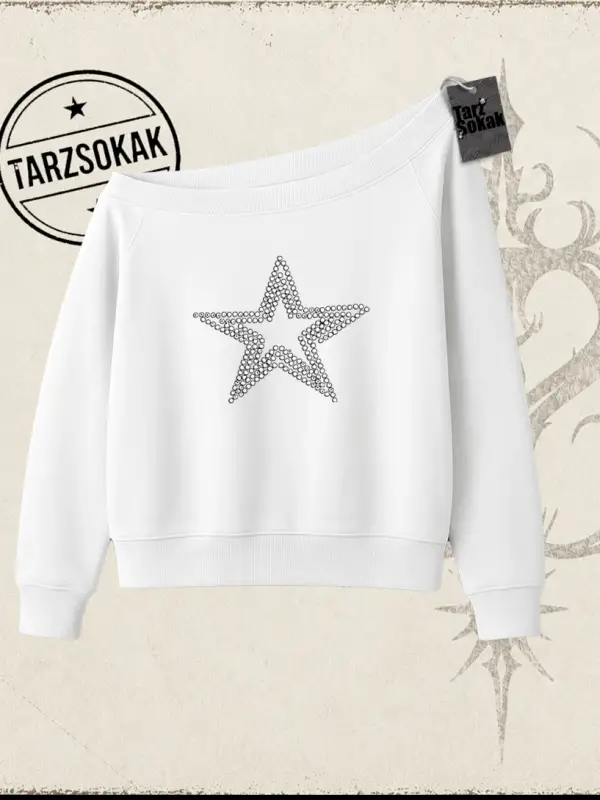 Unisex Star Stroke Kadın Kayık Yaka Sweatshirt Beyaz