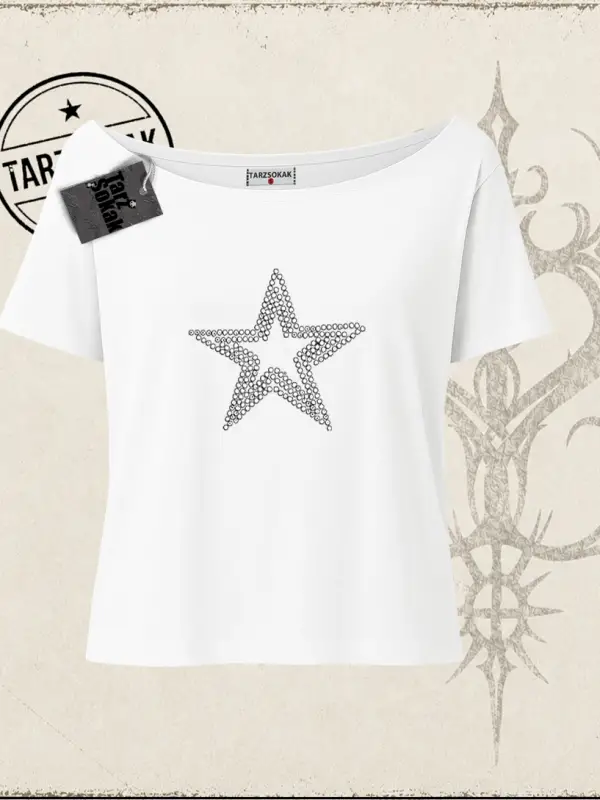 Unisex Star Stroke Kadın Kayık Yaka Tişört Beyaz