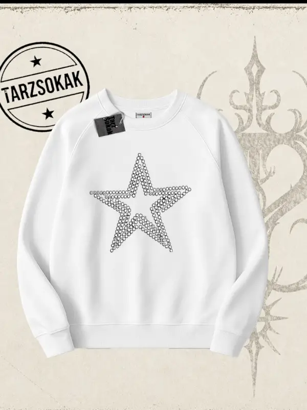 Unisex Star Stroke Oversize Unisex Bisiklet Yaka Sweatshirt Beyaz