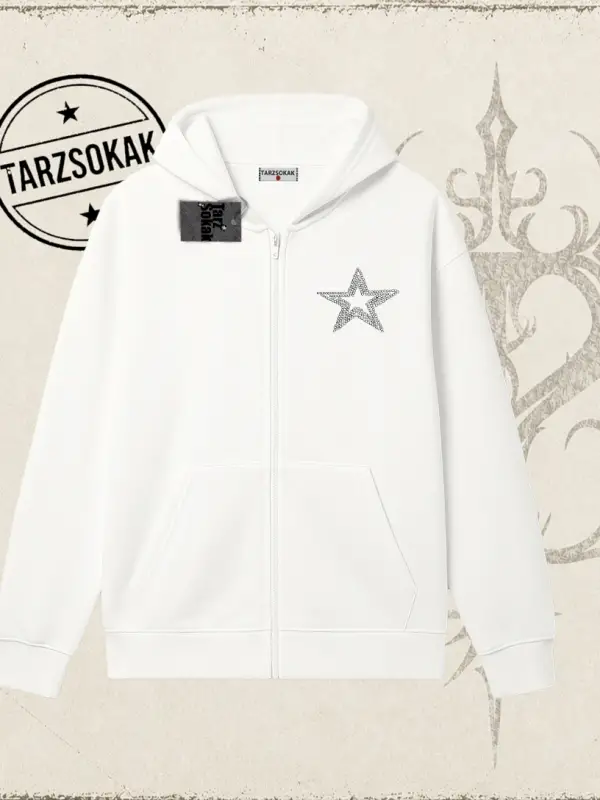 Unisex Star Stroke Oversize Unisex Hırka & Çeket Fermuarlı Sweatshirt Beyaz
