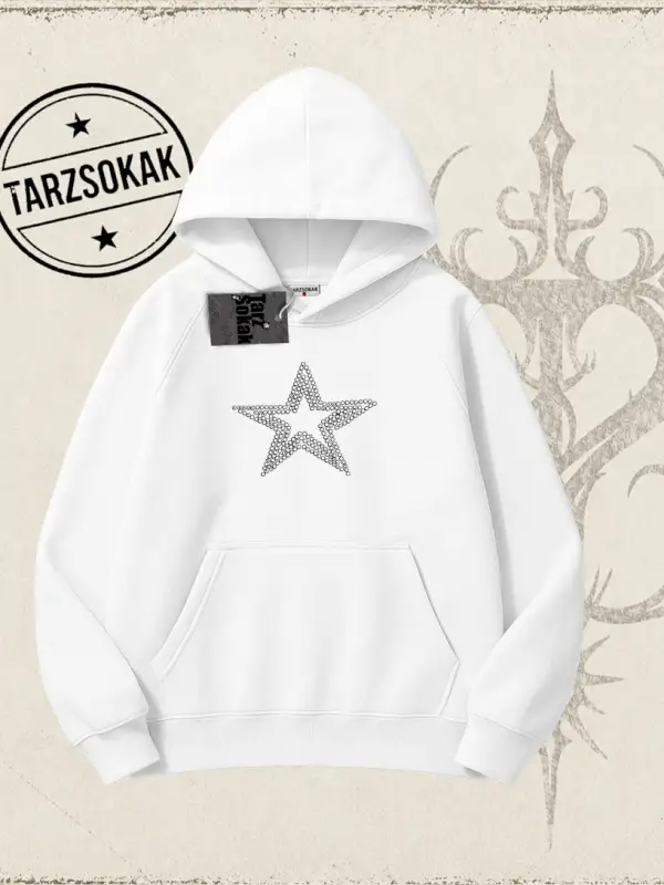 Unisex Star Stroke Oversize Unisex Kapşonlu Sweatshirt Beyaz