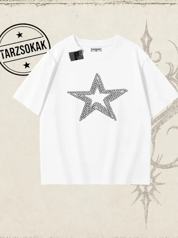 Unisex Star Stroke Oversize Unisex Tişört Beyaz