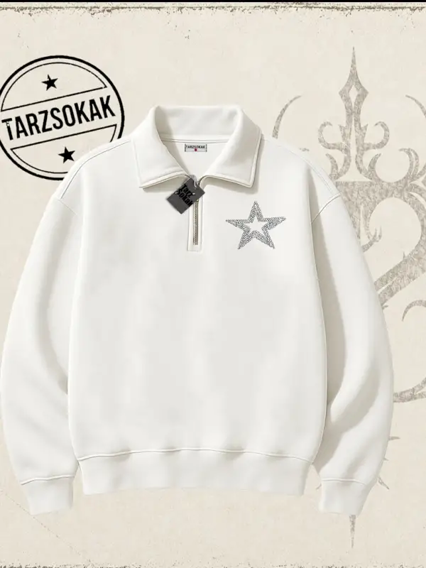 Unisex Star Stroke Unisex Polo Yaka Yarım Fermuarlı Sweatshirt Beyaz