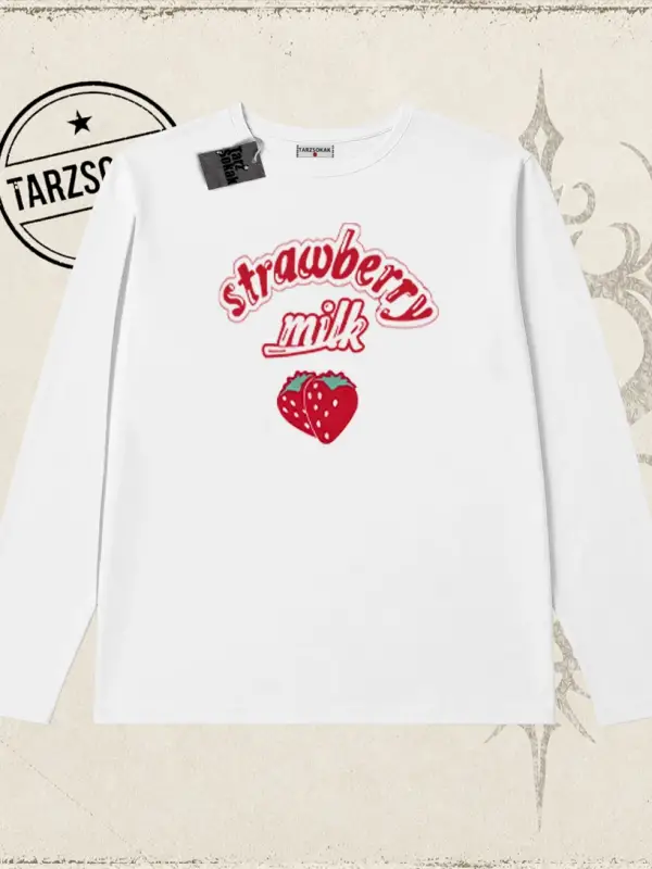 Unisex Strawberry Milk Biskilet Yaka  Long Sleeve Beyaz