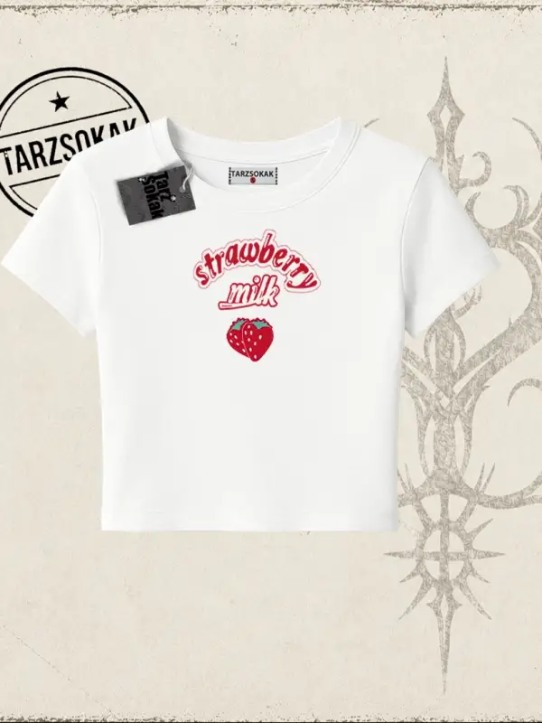 Unisex Strawberry Milk Kadın Baby Tee Beyaz