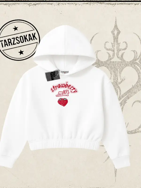 Unisex Strawberry Milk Kadın Crop Kapşonlu Sweatshirt Beyaz