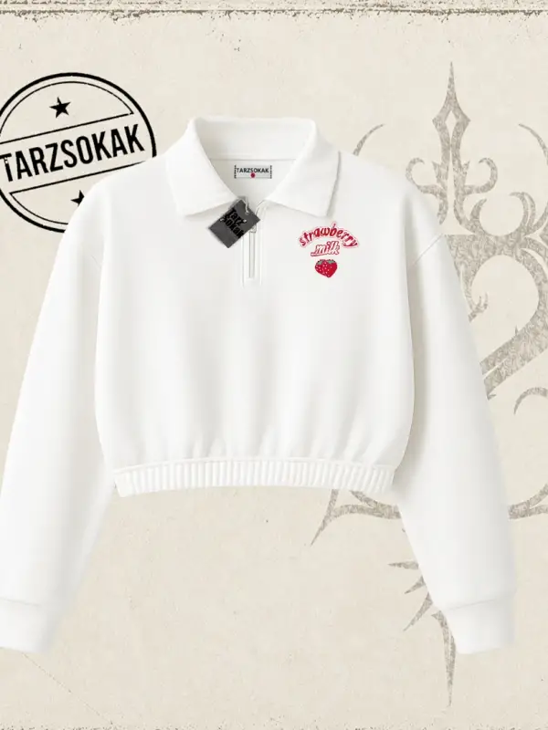 Unisex Strawberry Milk Kadın Crop Polo Yaka Yarım Fermuarlı Sweatshirt Beyaz