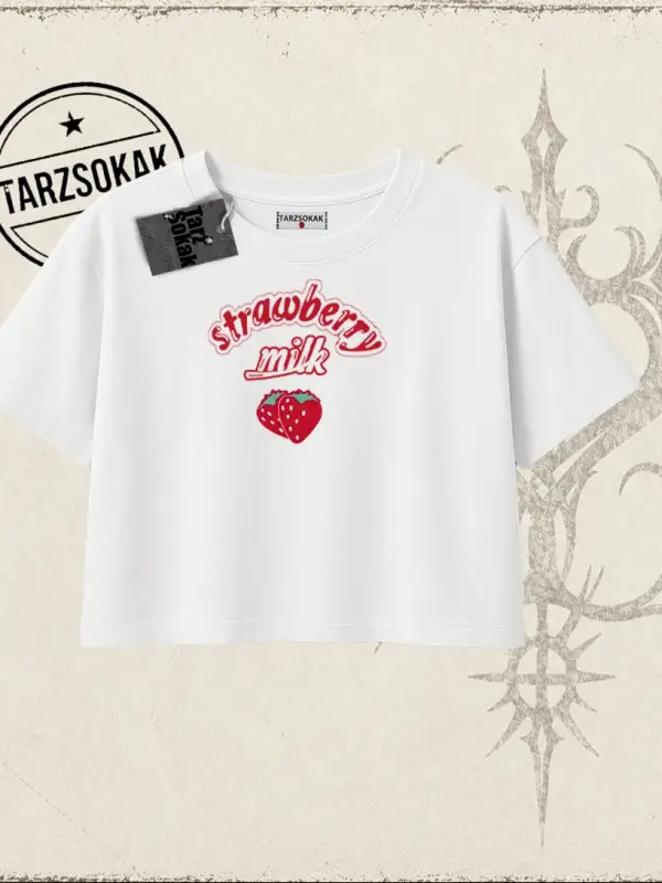 Unisex Strawberry Milk Kadın Crop Tişört Beyaz