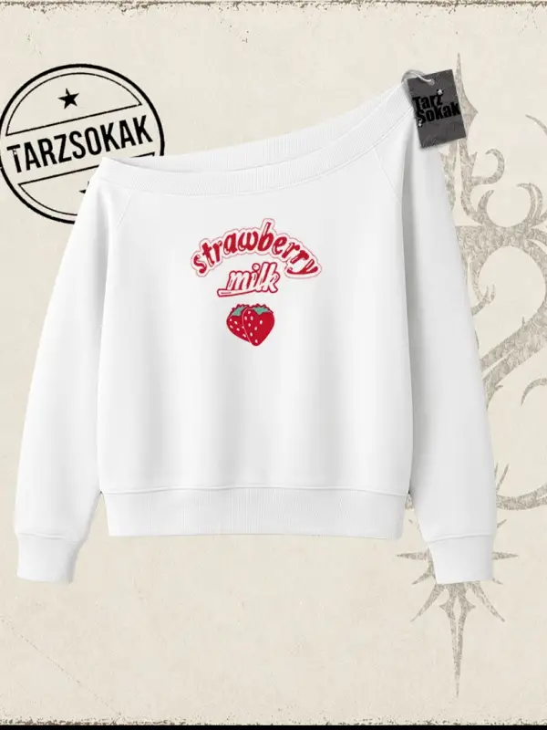 Unisex Strawberry Milk Kadın Kayık Yaka Sweatshirt Beyaz