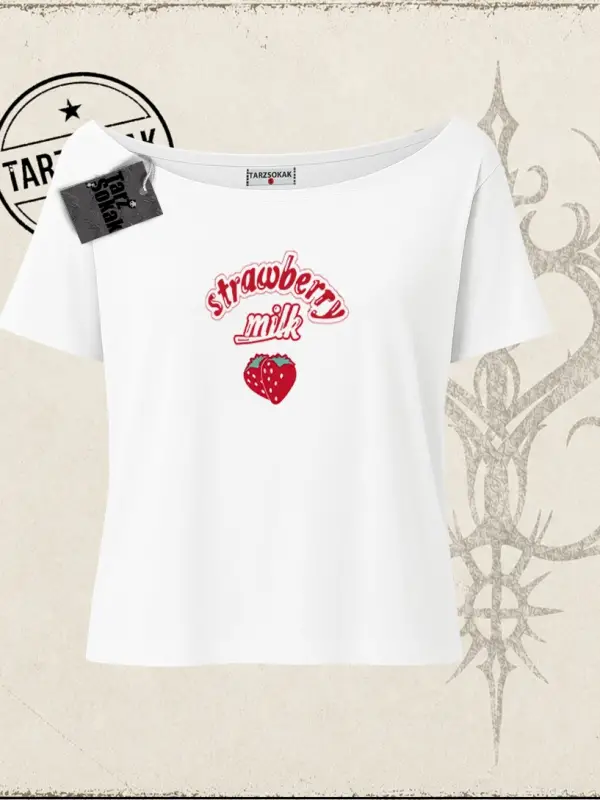 Unisex Strawberry Milk Kadın Kayık Yaka Tişört Beyaz