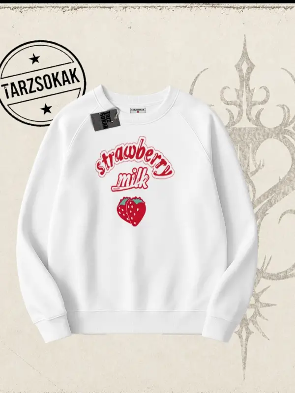 Unisex Strawberry Milk Oversize Unisex Bisiklet Yaka Sweatshirt Beyaz