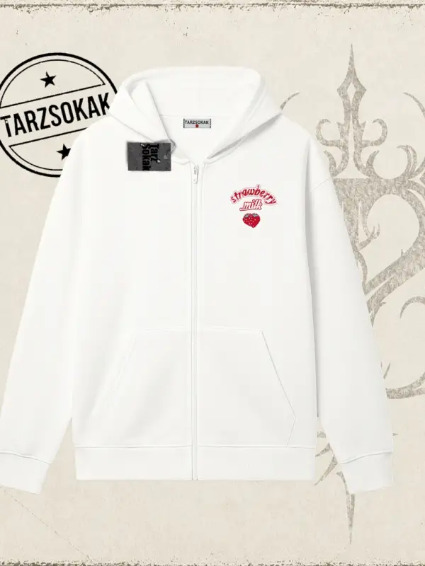 Unisex Strawberry Milk Oversize Unisex Hırka & Çeket Fermuarlı Sweatshirt Beyaz