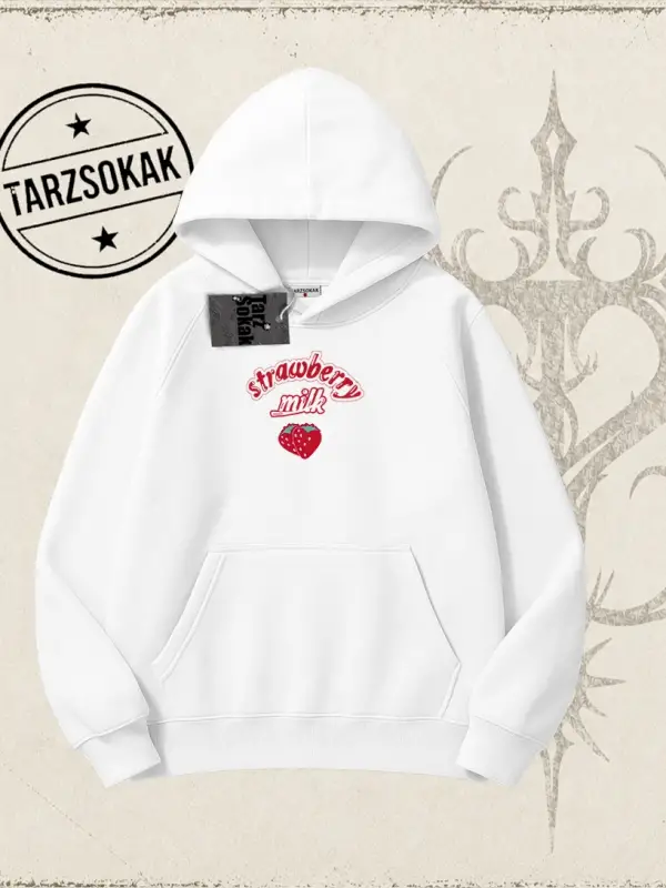 Unisex Strawberry Milk Oversize Unisex Kapşonlu Sweatshirt Beyaz