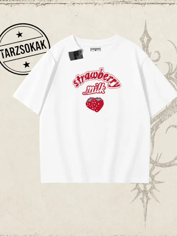 Unisex Strawberry Milk Oversize Unisex Tişört Beyaz