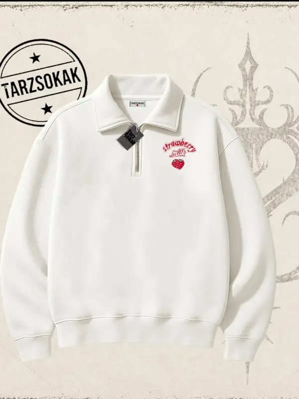 Unisex Strawberry Milk Unisex Polo Yaka Yarım Fermuarlı Sweatshirt Beyaz
