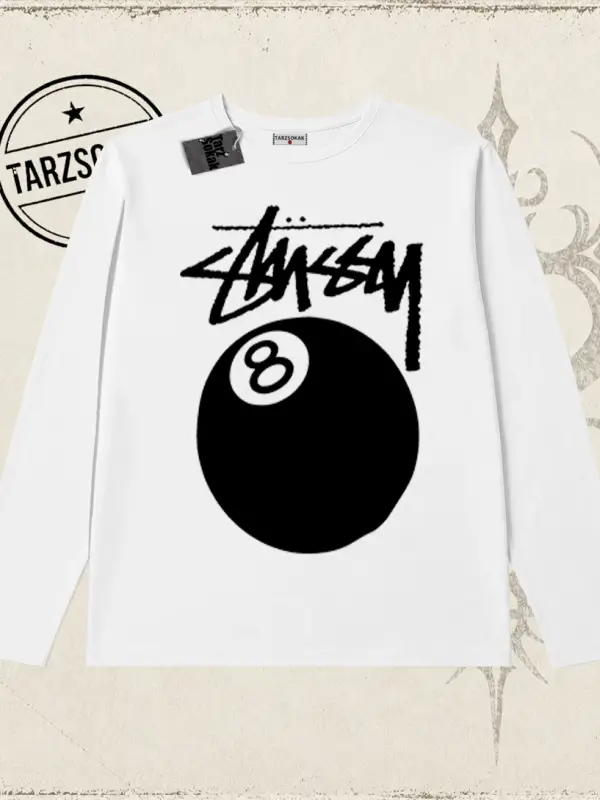Unisex Stüssy 8Ball Biskilet Yaka  Long Sleeve Beyaz