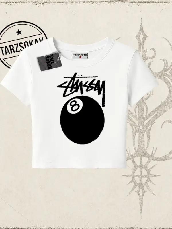 Unisex Stüssy 8Ball Kadın Baby Tee Beyaz