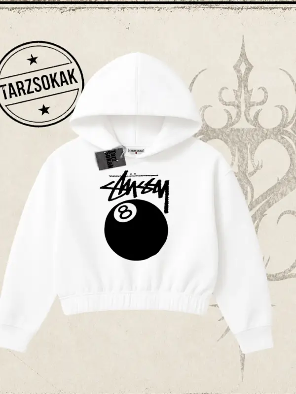 Unisex Stüssy 8Ball Kadın Crop Kapşonlu Sweatshirt Beyaz