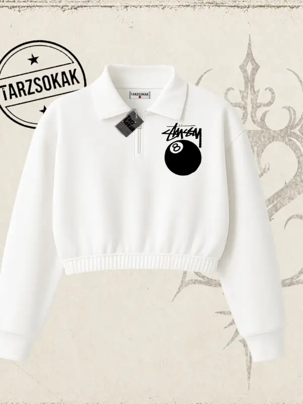 Unisex Stüssy 8Ball Kadın Crop Polo Yaka Yarım Fermuarlı Sweatshirt Beyaz
