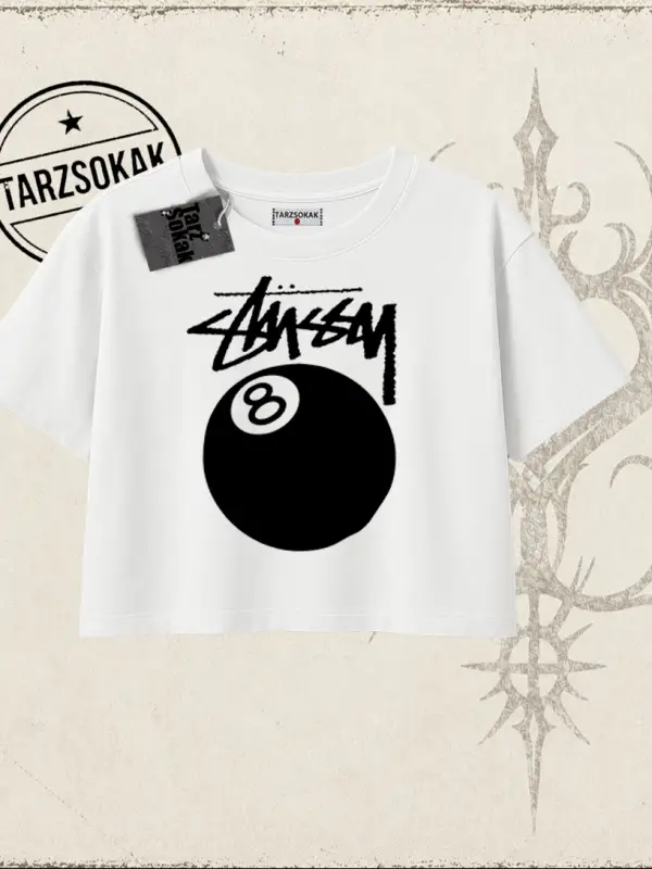 Unisex Stüssy 8Ball Kadın Crop Tişört Beyaz
