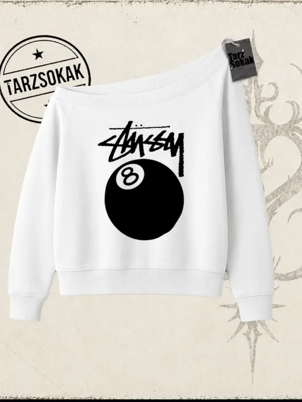 Unisex Stüssy 8Ball Kadın Kayık Yaka Sweatshirt Beyaz