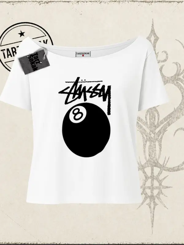 Unisex Stüssy 8Ball Kadın Kayık Yaka Tişört Beyaz