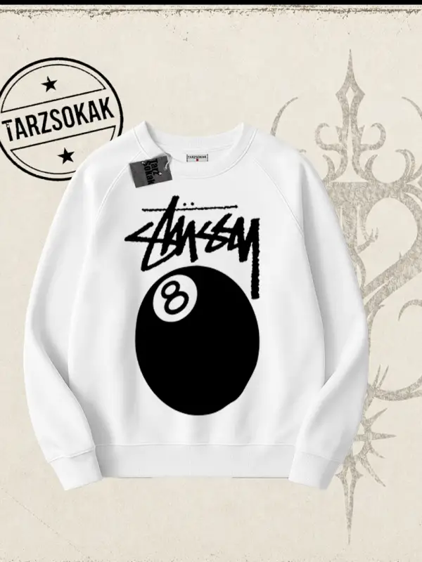 Unisex Stüssy 8Ball Oversize Unisex Bisiklet Yaka Sweatshirt Beyaz