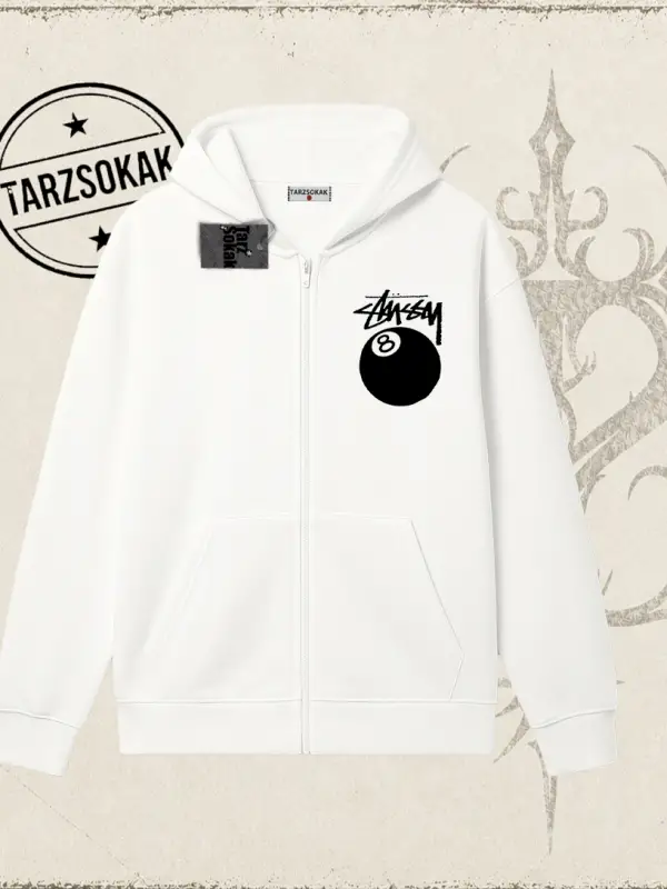 Unisex Stüssy 8Ball Oversize Unisex Hırka & Çeket Fermuarlı Sweatshirt Beyaz