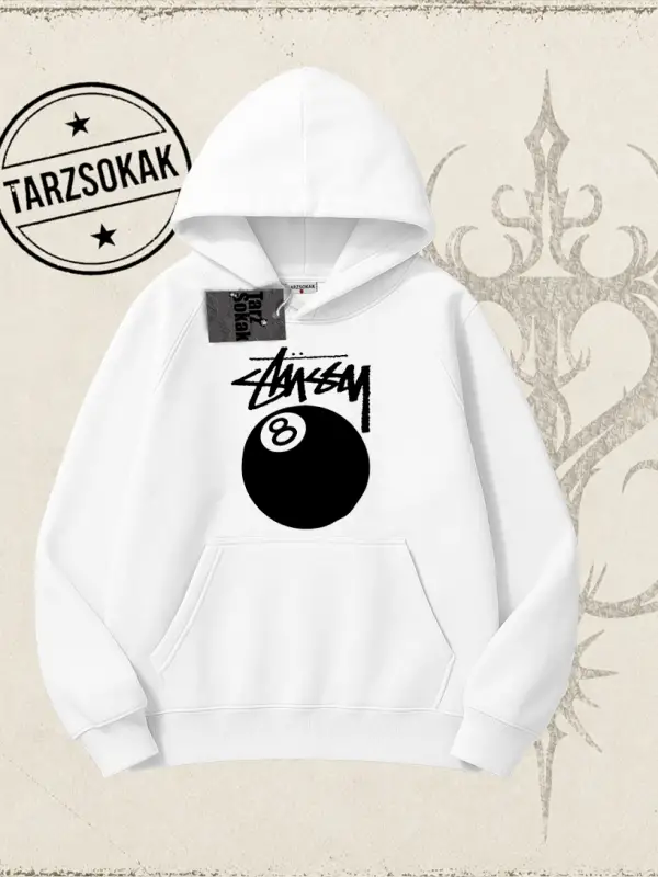 Unisex Stüssy 8Ball Oversize Unisex Kapşonlu Sweatshirt Beyaz