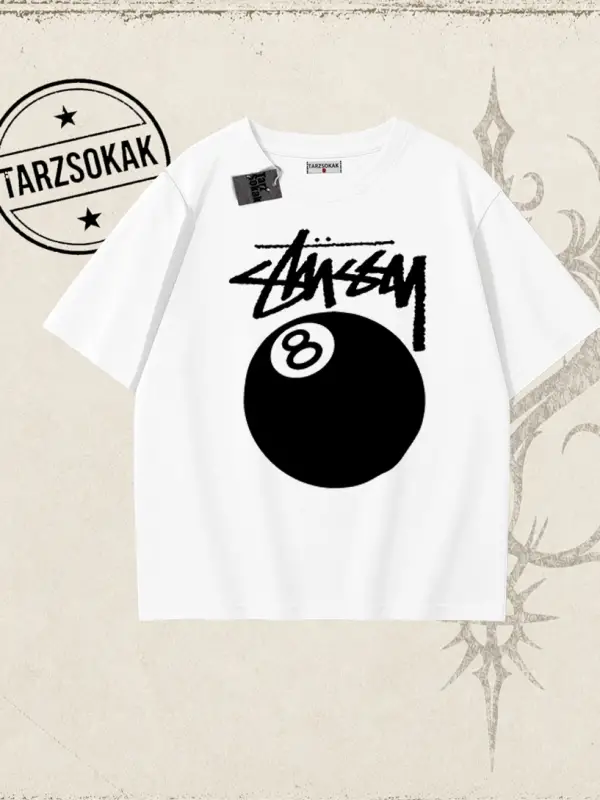 Unisex Stüssy 8Ball Oversize Unisex Tişört Beyaz