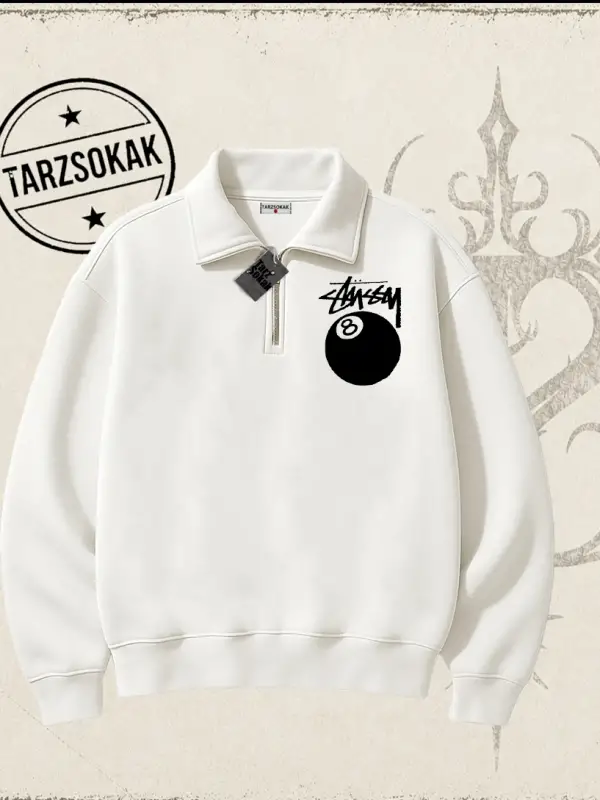 Unisex Stüssy 8Ball Unisex Polo Yaka Yarım Fermuarlı Sweatshirt Beyaz