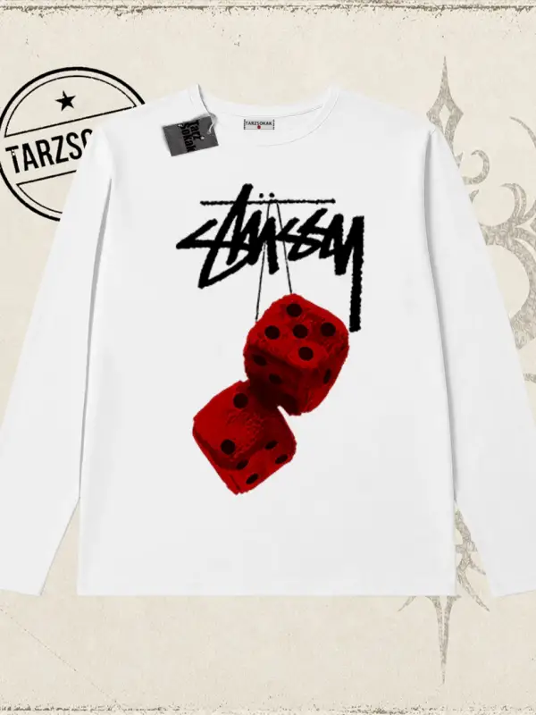 Unisex Stüssy Zar Biskilet Yaka  Long Sleeve Beyaz