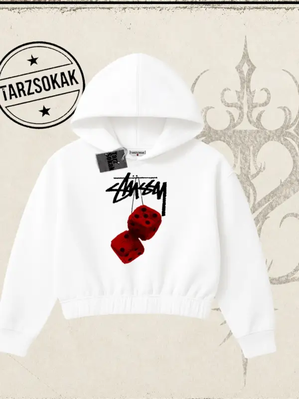 Unisex Stüssy Zar Kadın Crop Kapşonlu Sweatshirt Beyaz