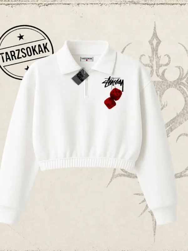Unisex Stüssy Zar Kadın Crop Polo Yaka Yarım Fermuarlı Sweatshirt Beyaz