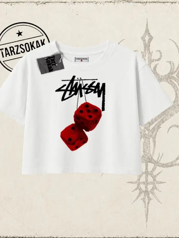 Unisex Stüssy Zar Kadın Crop Tişört Beyaz