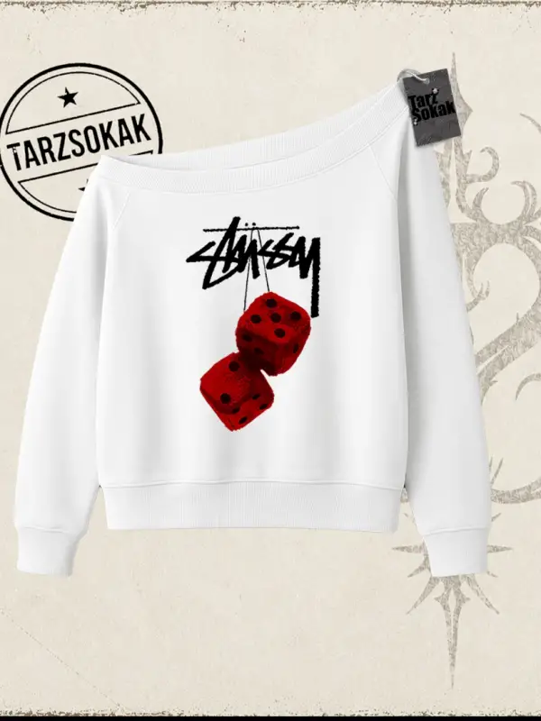 Unisex Stüssy Zar Kadın Kayık Yaka Sweatshirt Beyaz