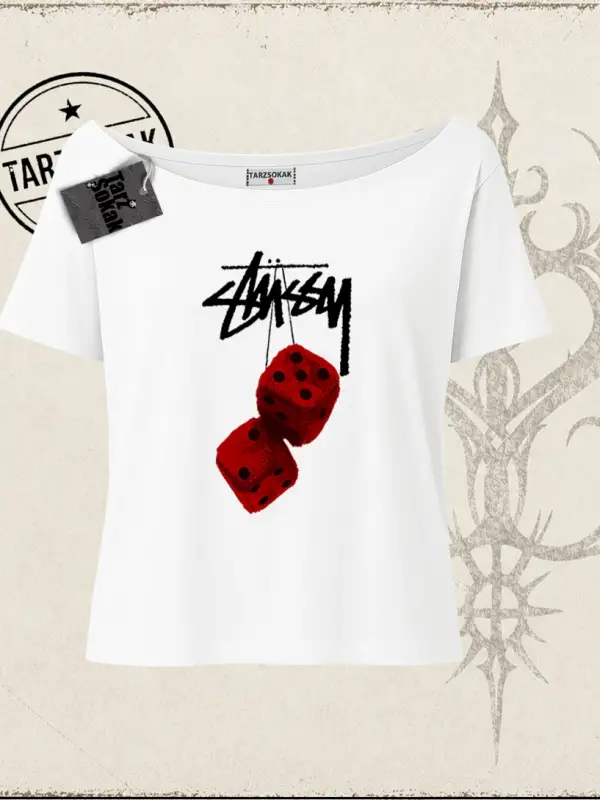 Unisex Stüssy Zar Kadın Kayık Yaka Tişört Beyaz