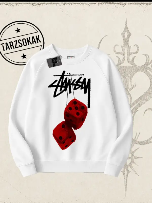 Unisex Stüssy Zar Oversize Unisex Bisiklet Yaka Sweatshirt Beyaz