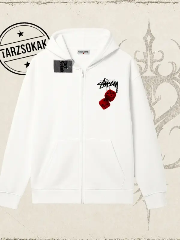 Unisex Stüssy Zar Oversize Unisex Hırka & Çeket Fermuarlı Sweatshirt Beyaz