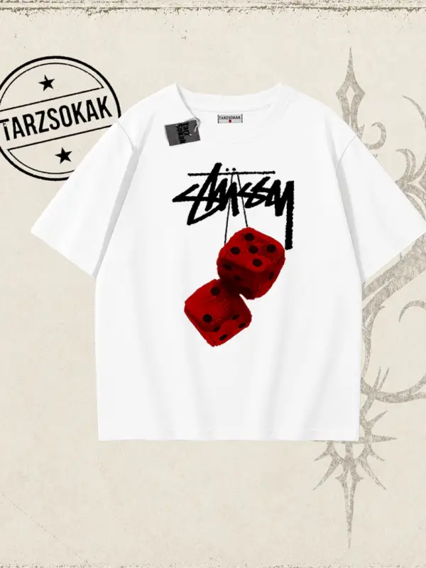 Unisex Stüssy Zar Oversize Unisex Tişört Beyaz