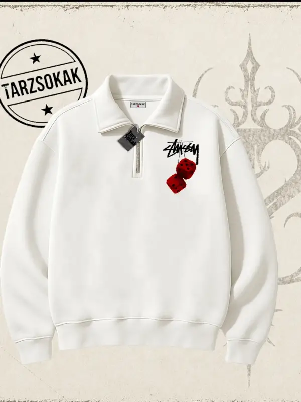 Unisex Stüssy Zar Unisex Polo Yaka Yarım Fermuarlı Sweatshirt Beyaz