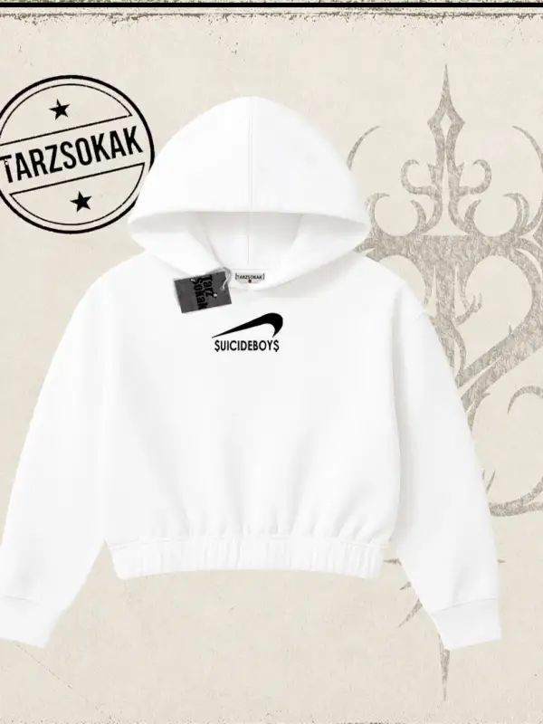Unisex Suicedeboys Kadın Crop Kapşonlu Sweatshirt Beyaz