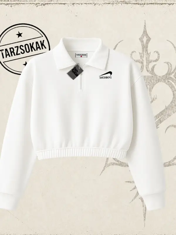 Unisex Suicedeboys Kadın Crop Polo Yaka Yarım Fermuarlı Sweatshirt Beyaz