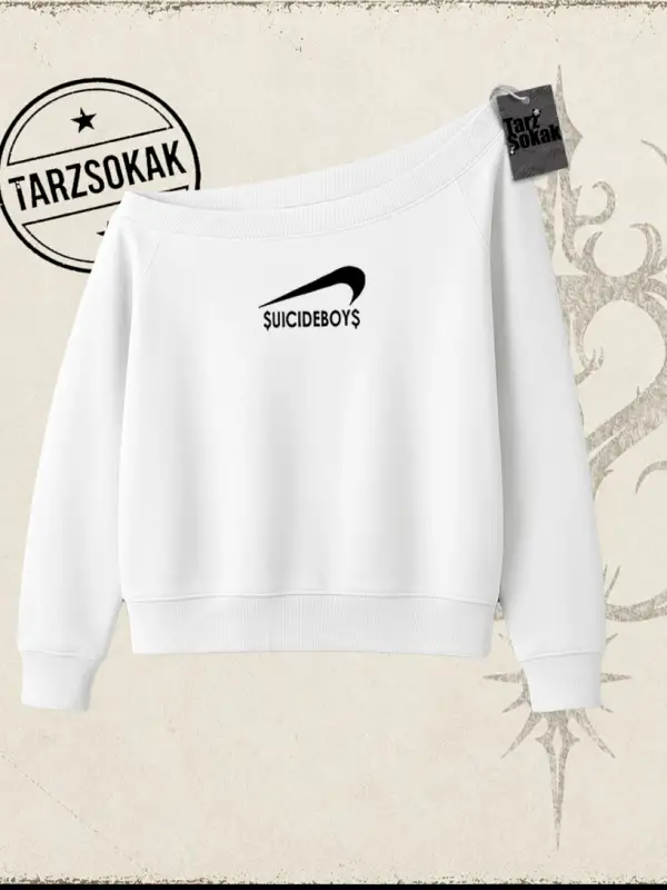 Unisex Suicedeboys Kadın Kayık Yaka Sweatshirt Beyaz