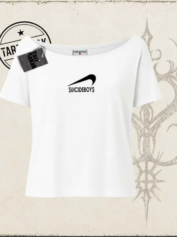 Unisex Suicedeboys Kadın Kayık Yaka Tişört Beyaz