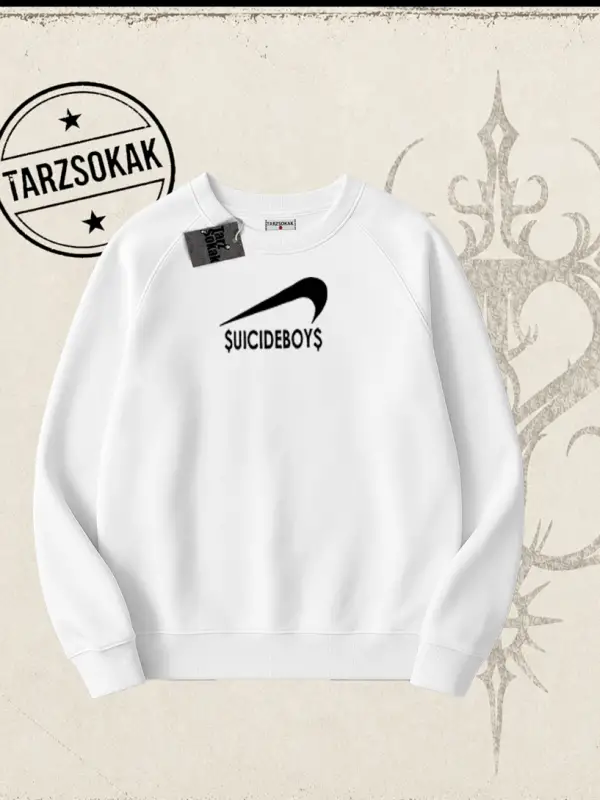 Unisex Suicedeboys Oversize Unisex Bisiklet Yaka Sweatshirt Beyaz