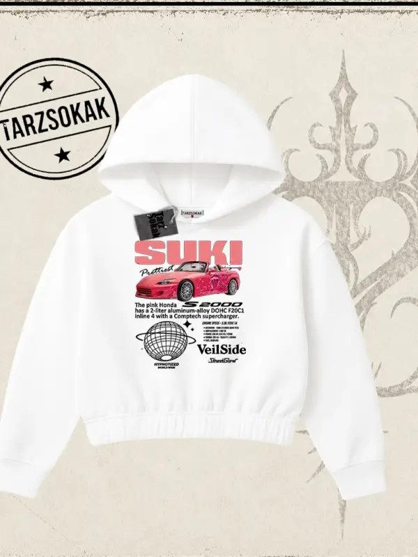 Unisex Suki Fast And Furious Kadın Crop Kapşonlu Sweatshirt Beyaz