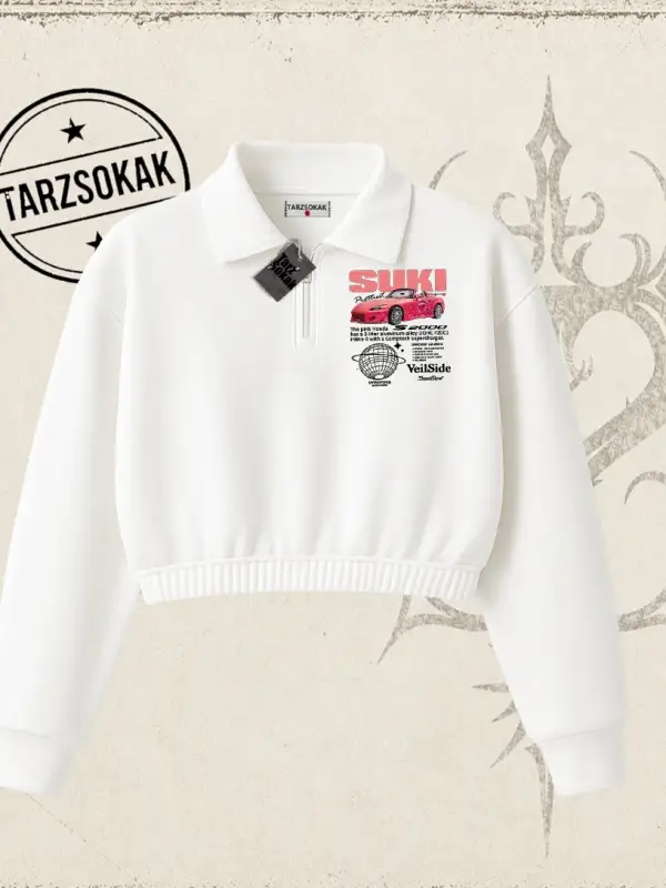 Unisex Suki Fast And Furious Kadın Crop Polo Yaka Yarım Fermuarlı Sweatshirt Beyaz